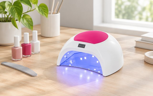 White UV LED nail lamp glowing softly on a tidy desk with a few gel polish bottles and a nail file beside it