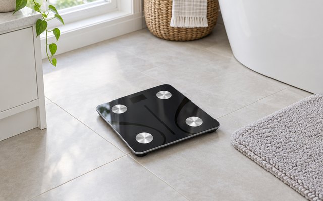 RENPHO Elis 1 smart scale, on the tiled floor of a bright bathroom beside a soft bath mat