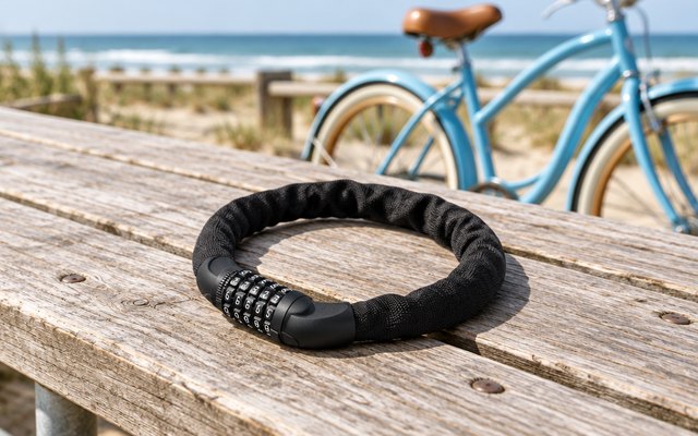 Sportneer combination chain lock, closed in a loop on a weathered boardwalk bench by the beach