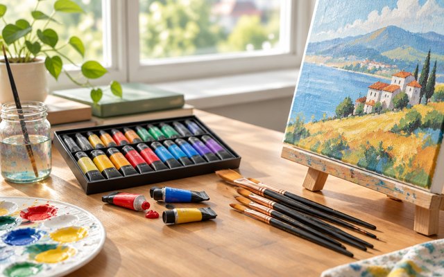 Acrylic paint tubes and brushes from the set, a few of the tubes and brushes on a small desk by a window beside a beginner's canvas