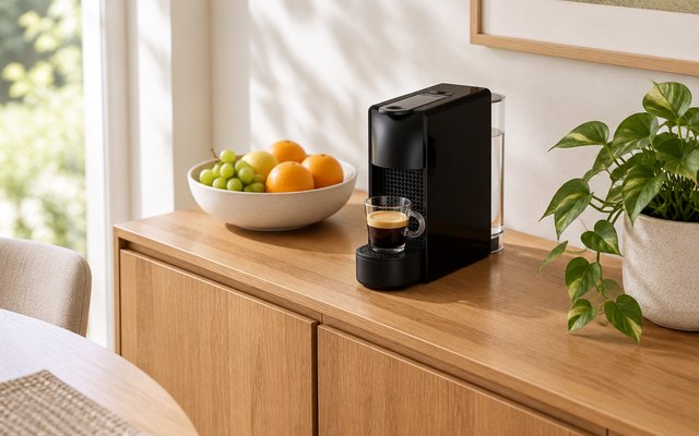 Small black pod coffee machine on a dining-room sideboard with an espresso
