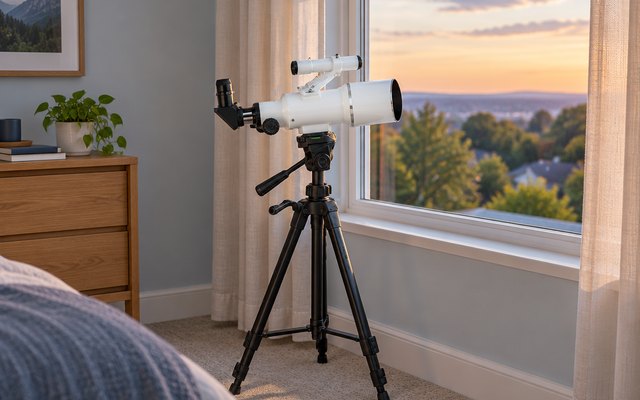 Bresser Classic 70/350 telescope, set up by a bedroom window with the curtains open in early evening