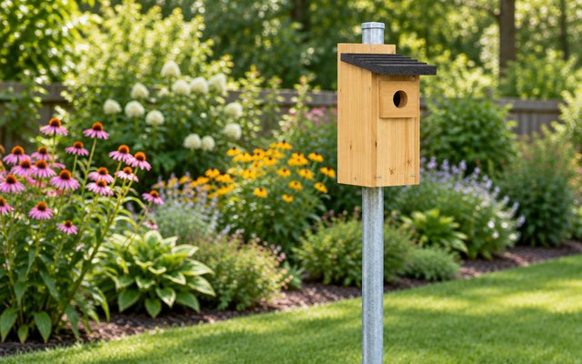 Wild Wings cedar bluebird box, mounted on a metal pole at the edge of a backyard lawn, flower beds behind