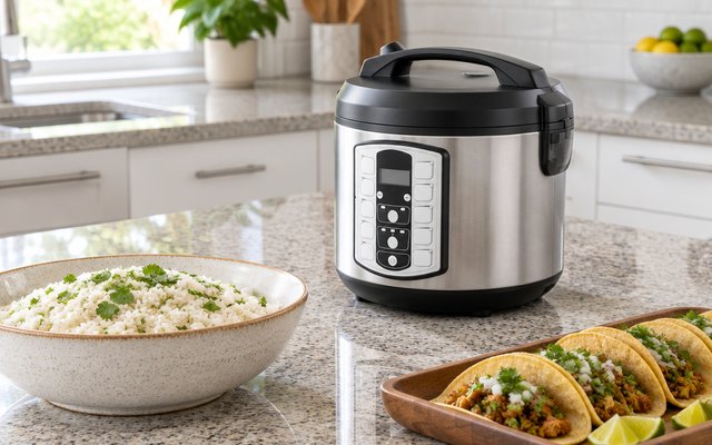 Aroma Professional Plus rice cooker, on a granite kitchen island beside a big serving bowl of rice and a tray of tacos