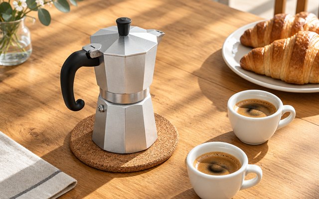 Bellemain 6-cup, moka pot on a sunny breakfast table with espresso cups