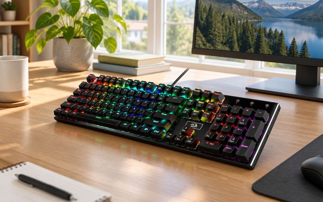 Redragon K556 Devarajas Full-Size Mechanical Keyboard, on a desk in a bright study with a window behind the monitor