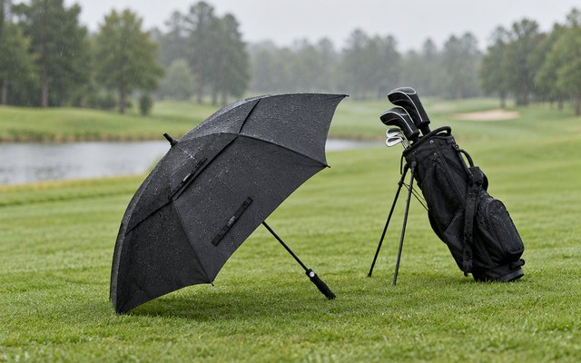 Large black golf umbrella resting on the grass beside a golf bag on a fairway in light rain