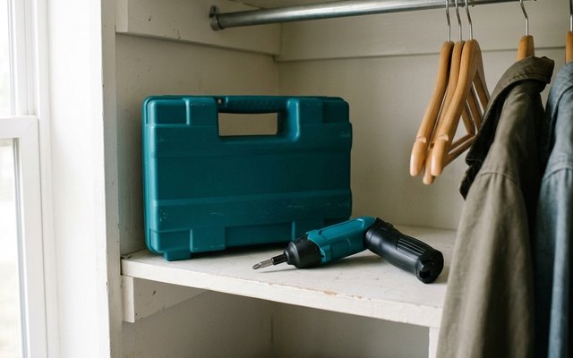 Teal-and-black cordless screwdriver folded into a pistol grip on a closet shelf beside its teal carry case