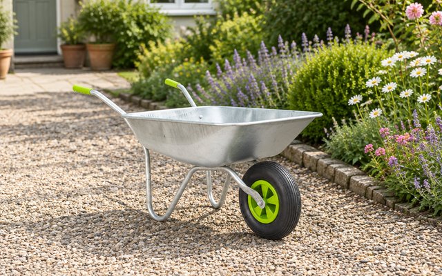 Galvanised wheelbarrow, on a gravel drive beside a front-garden flower border