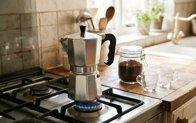 A silver eight-sided moka pot over a small blue gas flame in a sunny tiled kitchen