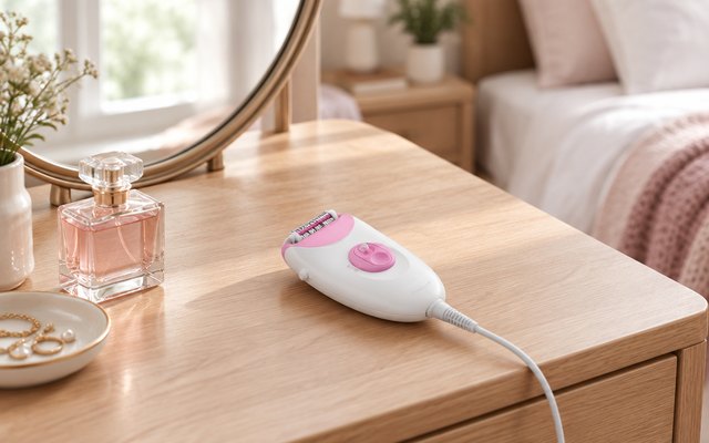 Braun Silk-épil 3 epilator, on a bedroom vanity table beside a round mirror and a perfume bottle