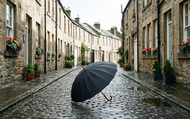 Large black stick umbrella with a wooden crook handle open on a wet cobblestone lane