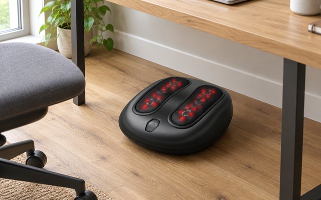 Shiatsu foot massager, under a home office desk on a wooden floor