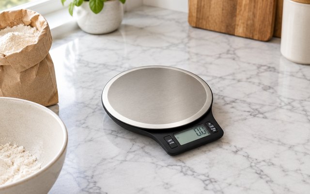 Amazon Basics kitchen scale, on a marble countertop beside a bag of flour and a mixing bowl
