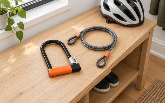 Kryptonite U-lock and its looped cable, lying side by side on a wooden entryway bench