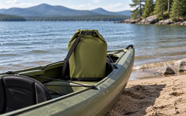 Earth Pak 20L dry bag, sitting in the bow of a kayak pulled up on a sandy lakeshore