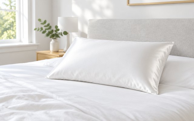 ZIMASILK silk pillowcase, on a bed with white linen in a bright bedroom