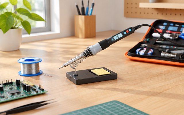 HANDSKIT 90W soldering iron, resting in its coiled stand on a craft desk beside a small electronics kit and a spool of solder