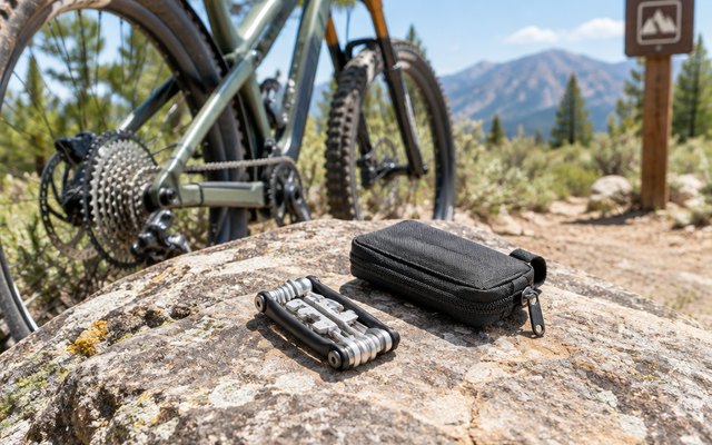 Vibrelli V19 multi tool and its case, on a trailside rock beside a mountain bike at a trailhead