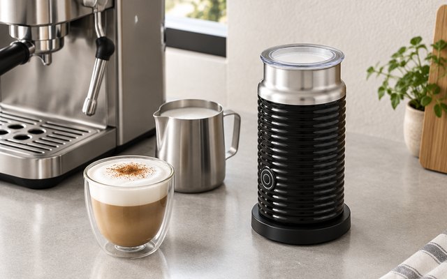 Black milk frother jug on its base beside a cup of foamy coffee