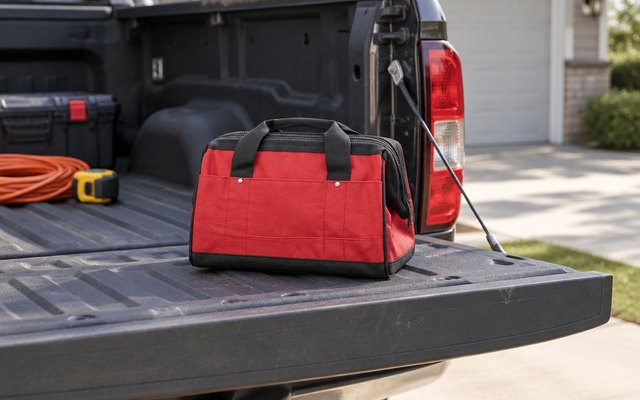 Milwaukee contractor tool bag, on the tailgate of a pickup truck in a driveway