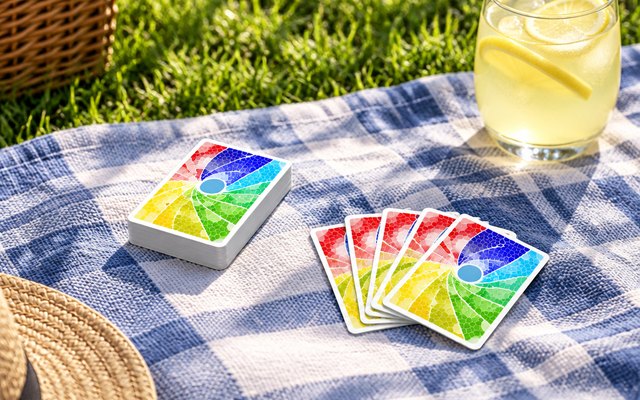 Skyjo cards in a face-down deck and a small fan on a picnic blanket beside a glass of lemonade