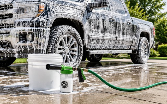 Car wash kit with foam gun, with the foam gun connected to a garden hose, laid beside a wash bucket on a concrete driveway next to a foam-covered pickup truck