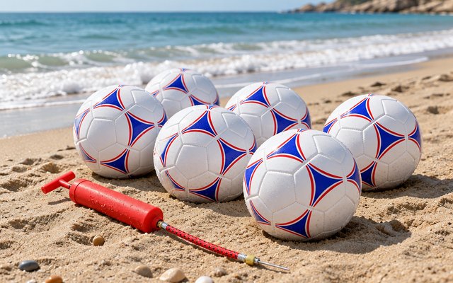 GoSports Premier Soccer Ball 6-Pack with Pump and Bag, on a sandy beach near the water
