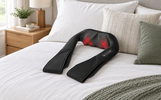 Snailax SL-632 neck and shoulder massager, resting on a neatly made bed against the pillows