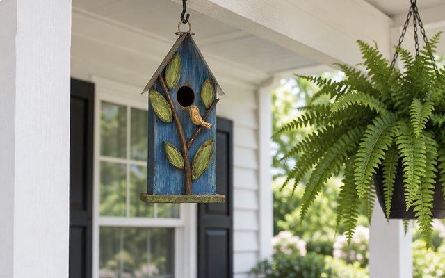 Glitzhome hanging birdhouse, hanging from the beam of a white front porch beside a hanging fern