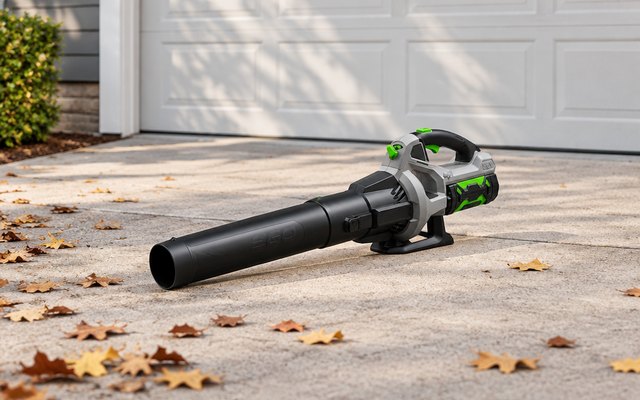 EGO 530 CFM cordless leaf blower, on a concrete driveway in front of a garage door, a few leaves around it