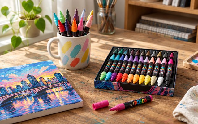 POSCA paint markers, on a craft table beside a small painted canvas