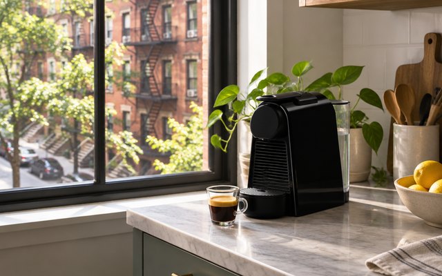 Nespresso Essenza Mini, on a narrow apartment kitchen counter beside an espresso cup, a leafy brick street outside the window