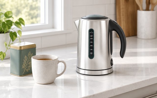 Breville Soft Top Pure kettle, on a white quartz counter in a bright American kitchen beside a mug and a tin of tea