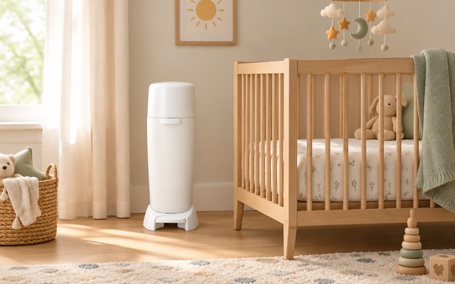 Diaper Genie Complete Diaper Pail, diaper pail beside a wooden crib in a calm nursery with a rug and a mobile, warm light