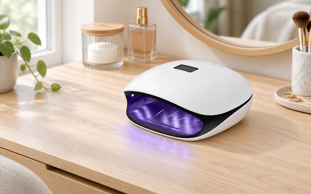 SUNUV SUN4 nail lamp, on a light wood dressing table with a round mirror