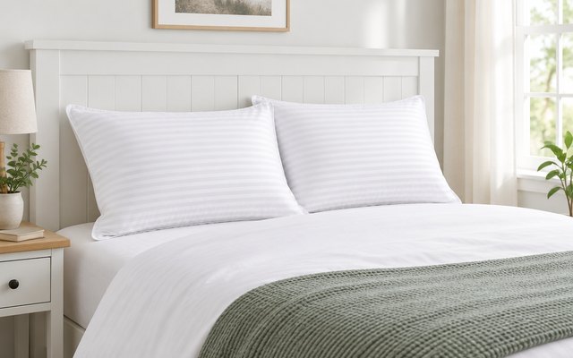Utopia Bedding hotel pillows, on a freshly made bed in a guest bedroom with a white headboard