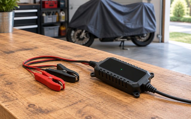 A small battery maintainer on a garage workbench
