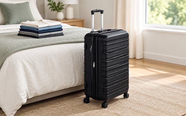 Amazon Basics 30 in spinner, in a bright bedroom at the foot of a made bed beside a folded stack of clothes