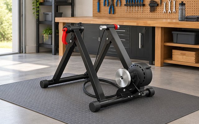 Sportneer magnetic turbo trainer on its own on a grey mat in a tidy garage, a pegboard of tools behind