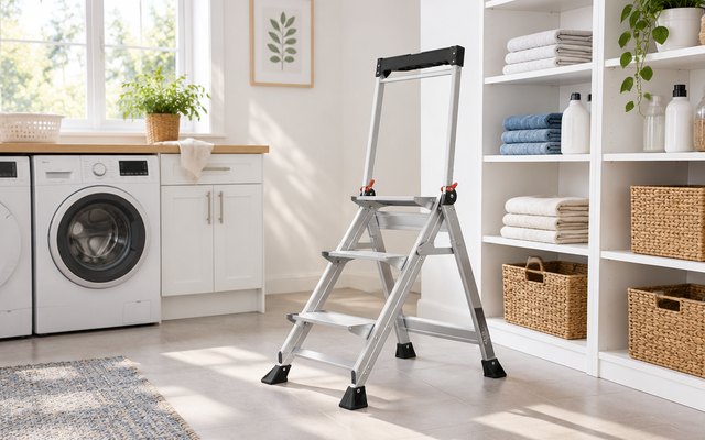 Little Giant Jumbo Step ladder, in a bright laundry room beside tall white shelves