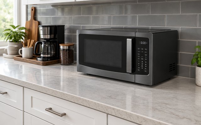 Toshiba 1.2 cu ft microwave, on a long family kitchen counter beside a coffee maker area with a gray tile backsplash