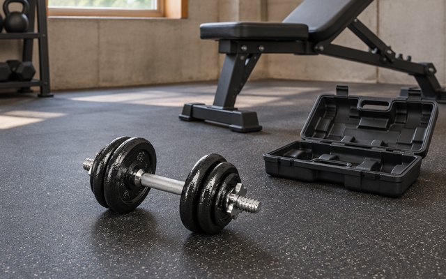 Amazon Basics adjustable dumbbells, on the rubber floor of a basement home gym, a weight bench behind