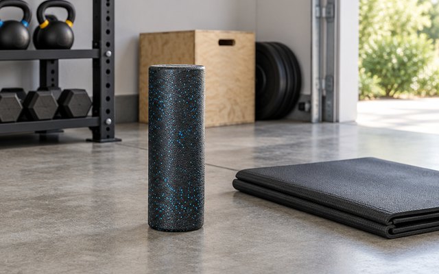 Amazon Basics foam roller, standing on end on the floor of a garage gym beside a folded exercise mat
