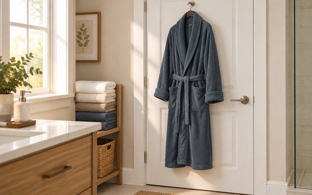 NY Threads Shawl Collar Fleece Bathrobe, fleece bathrobe hanging on a hook on a bathroom door beside a stack of towels, warm morning light