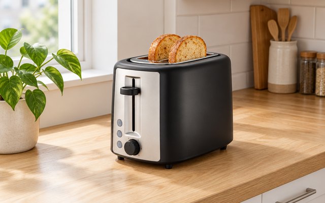 Amazon Basics 2-slice toaster, on a light wood counter in a first-apartment kitchen beside a small plant
