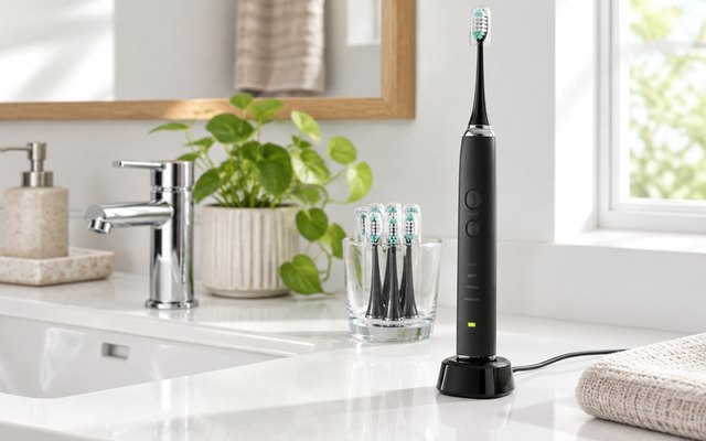 An electric toothbrush standing on a white bathroom counter beside a sink