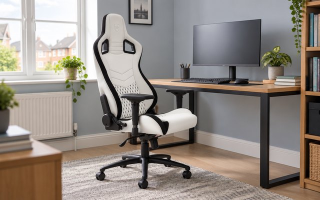 Gaming chair, at a desk with a monitor in a British home office