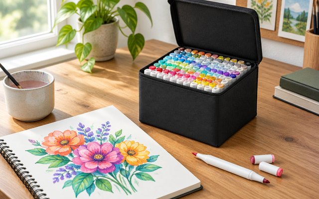 Caliart 100-color alcohol markers, on an art desk beside a sketchbook with a colorful flower drawing