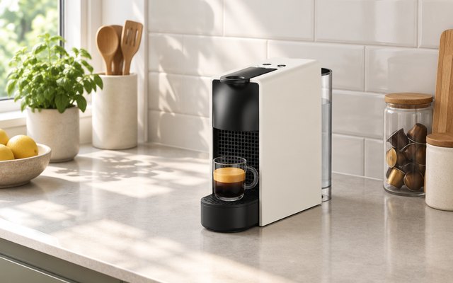 A small white capsule coffee machine on a kitchen counter